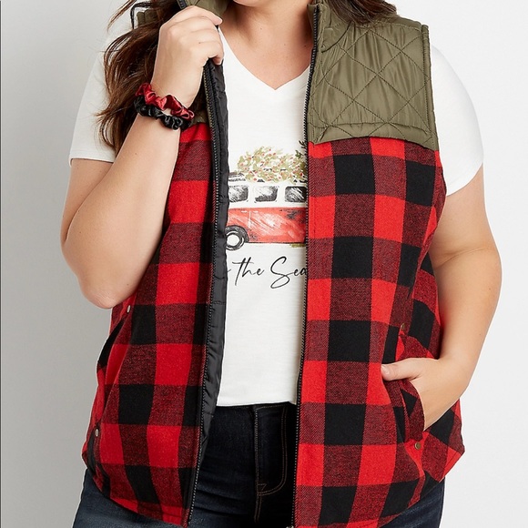XS Red Buffalo Plaid Flannel Puffer Zip Up Vest - Picture 7 of 13